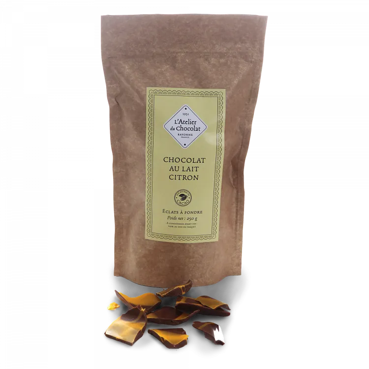 Éclats de chocolat au lait et citron artisanal gamme à pâtisser atelier du chocolat
