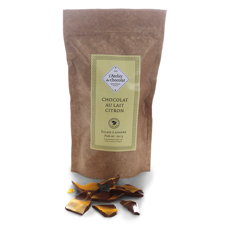 Éclats de chocolat au lait et citron artisanal gamme à pâtisser atelier du chocolat