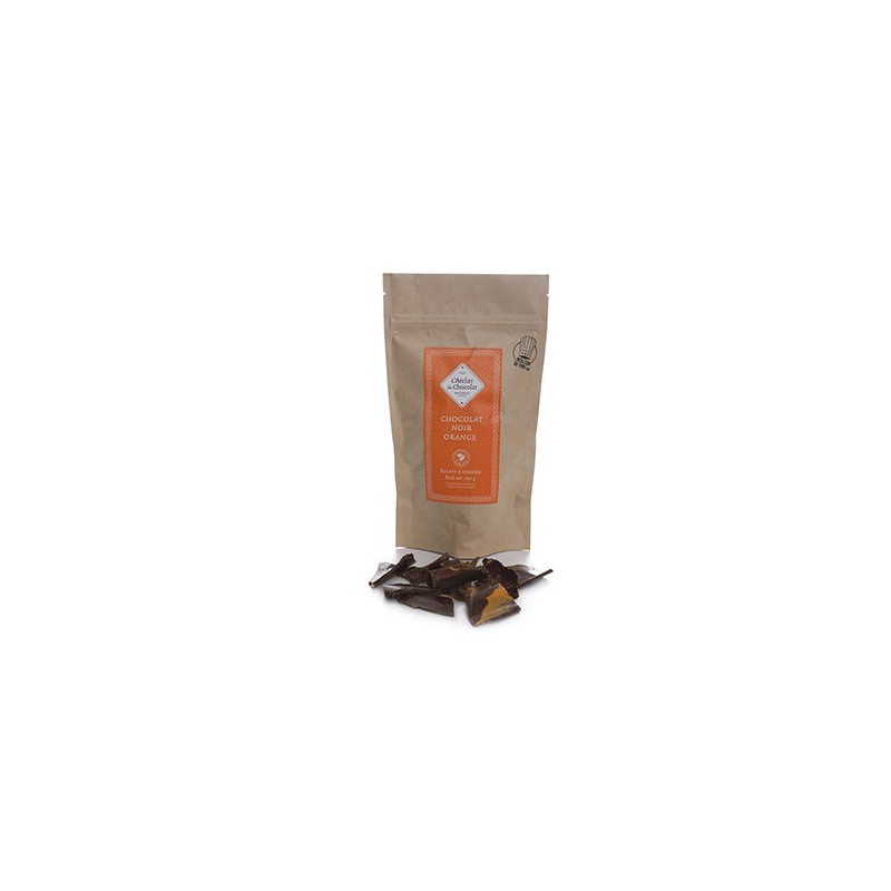 Éclats de chocolat noir 72 % orange artisanal gamme chocolat à pâtisser atelier du chocolat