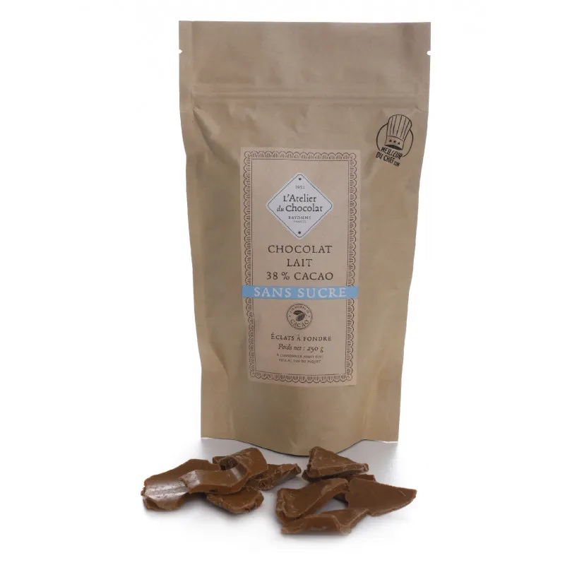 Éclats de chocolat au lait 38% de cacao sans sucre chocolat à pâtisser atelier du chocolat