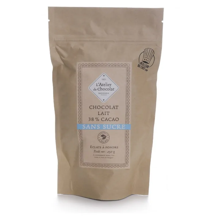 Éclats de chocolat au lait 38% de cacao sans sucre chocolat à pâtisser atelier du chocolat