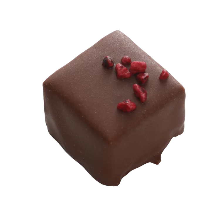 Boîte de chocolats Ilbarritz noir lait et sa bouchée fraise chocolat Octobre Rose découpe framboise