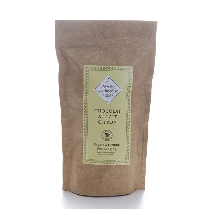 Éclats de chocolat au lait et citron artisanal gamme à pâtisser atelier du chocolat