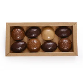 Coffret ballons sport chocolat football rugby praliné lait noir caramel livraison chocolat artisanal coffret cadeau chocolat