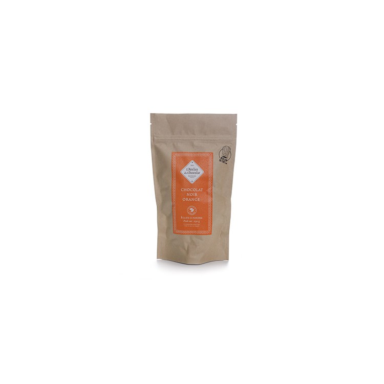 Éclats de chocolat noir 72 % orange artisanal gamme chocolat à pâtisser atelier du chocolat