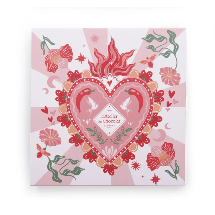 Coffret dégustation chocolat et pâtes de fruits collection inédite Saint-Valentin emballage