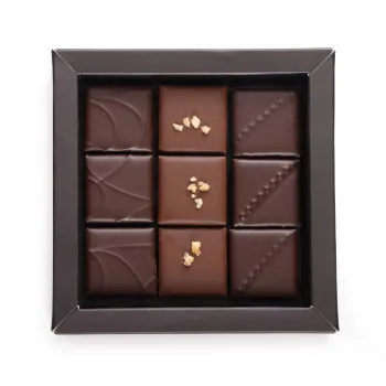 Coffret 9 bonbons ganaches pralinés chocolats amour livraison chocolat vasque sous 24h atelier du chocolat