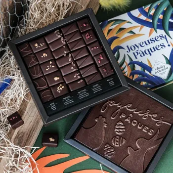Boîte de chocolats extra noir et son carré Joyeuses Pâques noir livraison chocolat artisanal de pâques en 24h