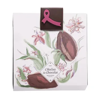 Boîte de chocolats Ilbarritz noir lait et sa bouchée Octobre Rose emballage bouchée fraise chocolat ruban rose