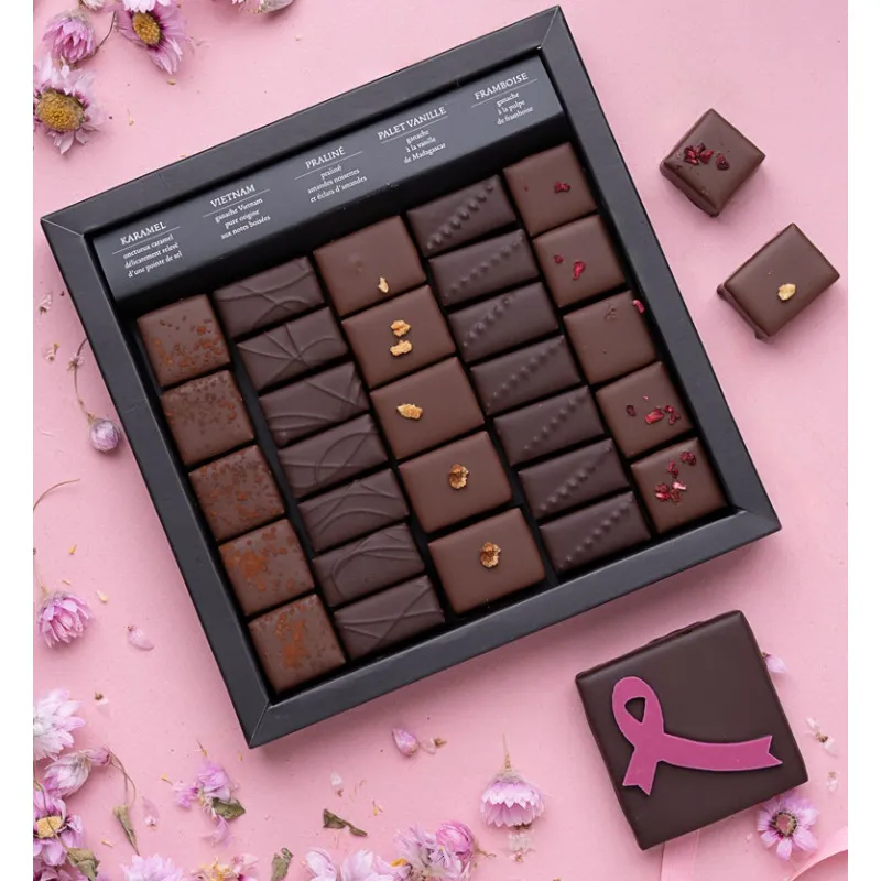 Boîte de chocolats Ilbarritz noir et lait et sa bouchée Octobre Rose