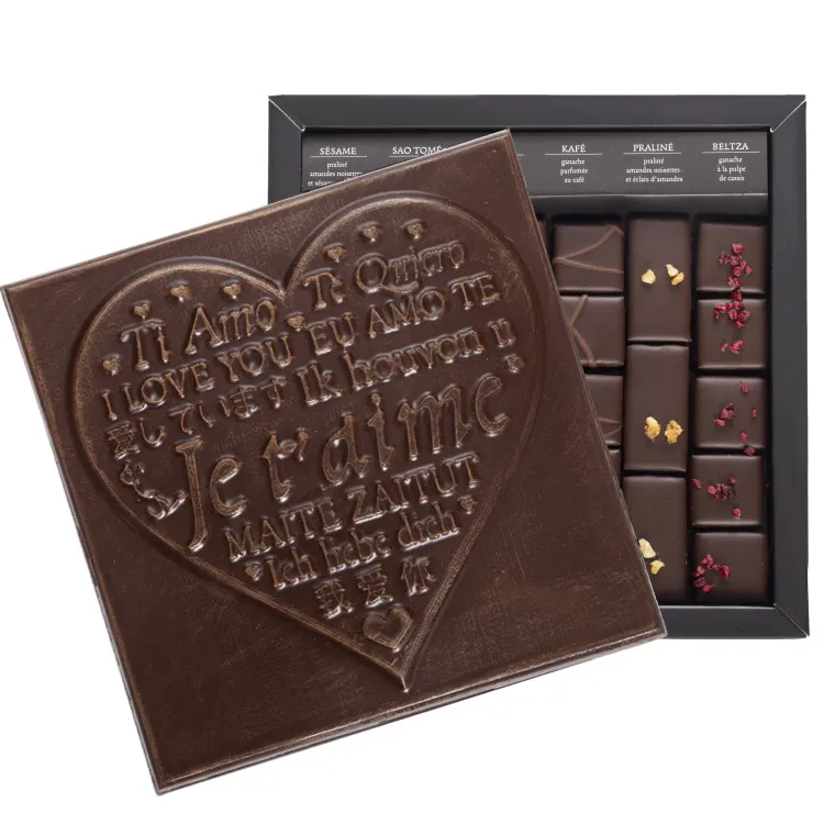 Boîte de chocolats Ilbarritz extra noir Je t’aime noir livraison cadeau chocolat artisanal Saint-Valentin en 24h