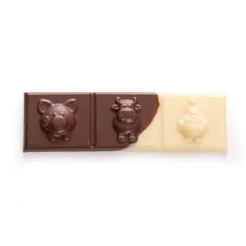 Barre de chocolat enfant avec cochon, vache et poule moulés en relief
