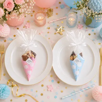 Mini bouquet de chocolat Baptême rose ou bleu à pois