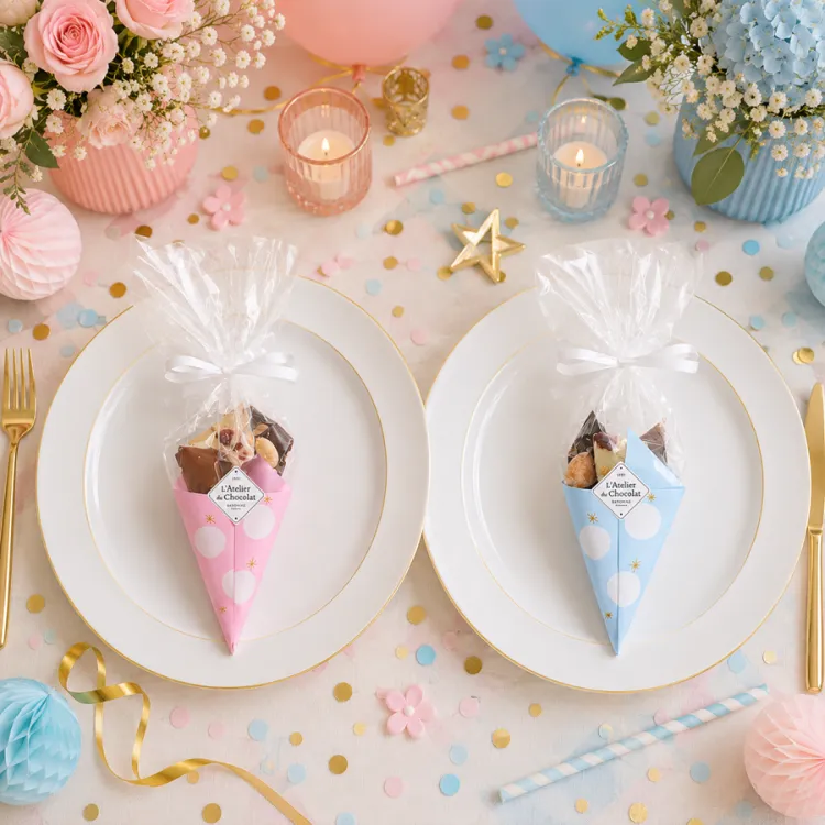 Mini bouquet de chocolat Baptême rose ou bleu à pois