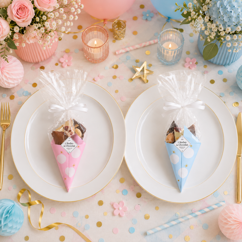 Mini bouquet de chocolat Baptême rose ou bleu à pois