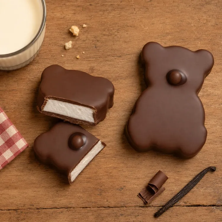 Une gourmandise pleine de douceur avec notre Ourson guimauve vanille enrobé de chocolat au lait.