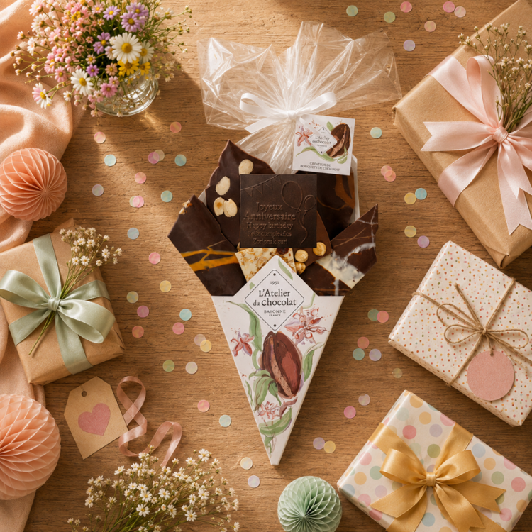 Bouquet de chocolat Joyeux anniversaire livraison express cadeau chocolat anniversaire atelier du chocolat