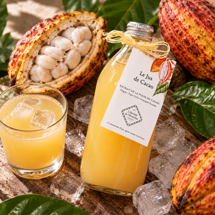 Jus de cacao frais, élaboré à partir de la pulpe du fruit du cacaoyer.