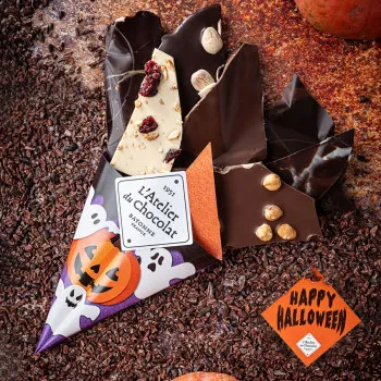 Bouquet de chocolat halloween assortiment fines feuilles de chocolat noir blanc lait pur beurre de cacao 200g