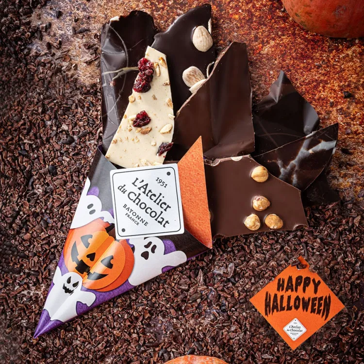 Bouquet de chocolat halloween assortiment fines feuilles de chocolat noir blanc lait pur beurre de cacao 200g