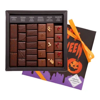boîte de chocolats noir et lait ilbarritz parée de sa coiffe spéciale halloween