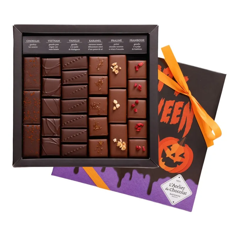 boîte de chocolats noir et lait ilbarritz parée de sa coiffe spéciale halloween