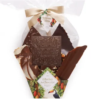 Focus Bouquet de Chocolat® et son mini carré Meilleurs Voeux Assortiment de fines feuilles de chocolat 220g