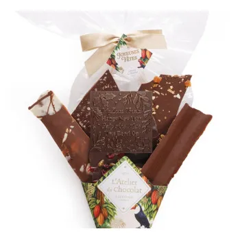 Focus Bouquet de Chocolat® et son mini carré Meilleurs Voeux Assortiment de fines feuilles de chocolat 320g