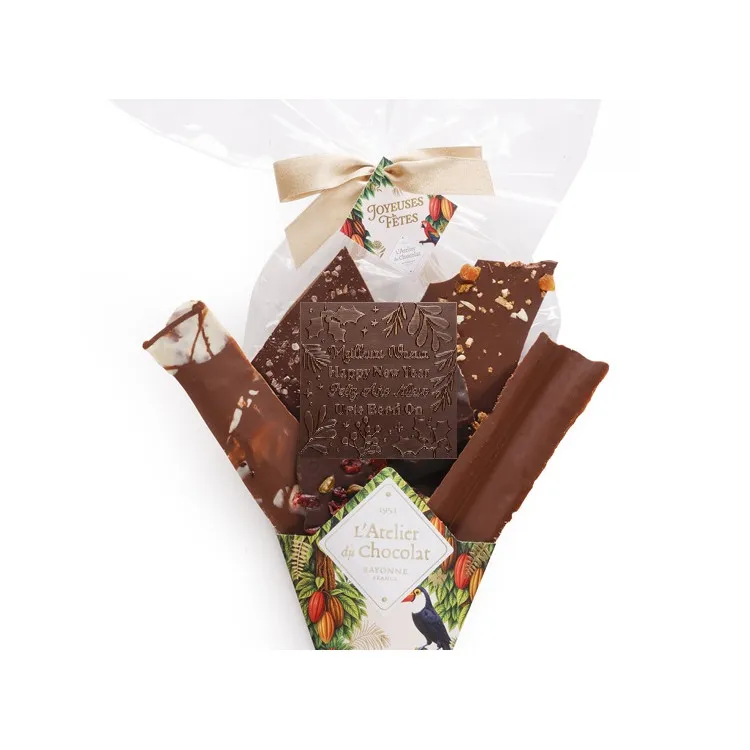 Focus Bouquet de Chocolat® et son mini carré Meilleurs Voeux Assortiment de fines feuilles de chocolat 320g
