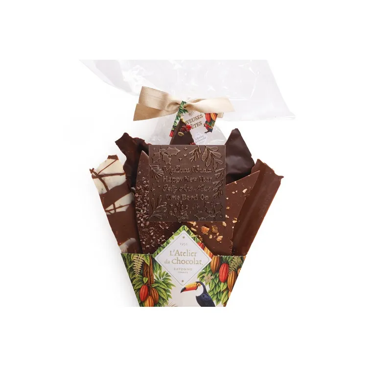 Focus Bouquet de Chocolat® et son mini carré Meilleurs Voeux Assortiment de fines feuilles de chocolat 420g