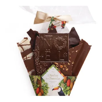 Focus Bouquet de Chocolat® et son mini carré Joyeux Noël assortiment de fines feuilles de chocolat 420g