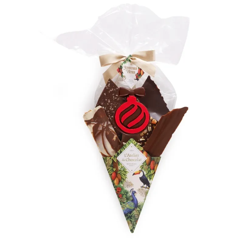 Bouquet de Chocolat® joyeuses fêtes et sa bouchée boule rouge de Noël assortiment de fines feuilles de chocolat 255g