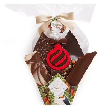 Focus Bouquet de Chocolat® joyeuses fêtes et sa bouchée boule rouge de Noël assortiment de fines feuilles de chocolat 255g