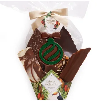 Focus bouquet de Chocolat® et sa bouchée boule verte de Noël Assortiment de fines feuilles de chocolat 255g