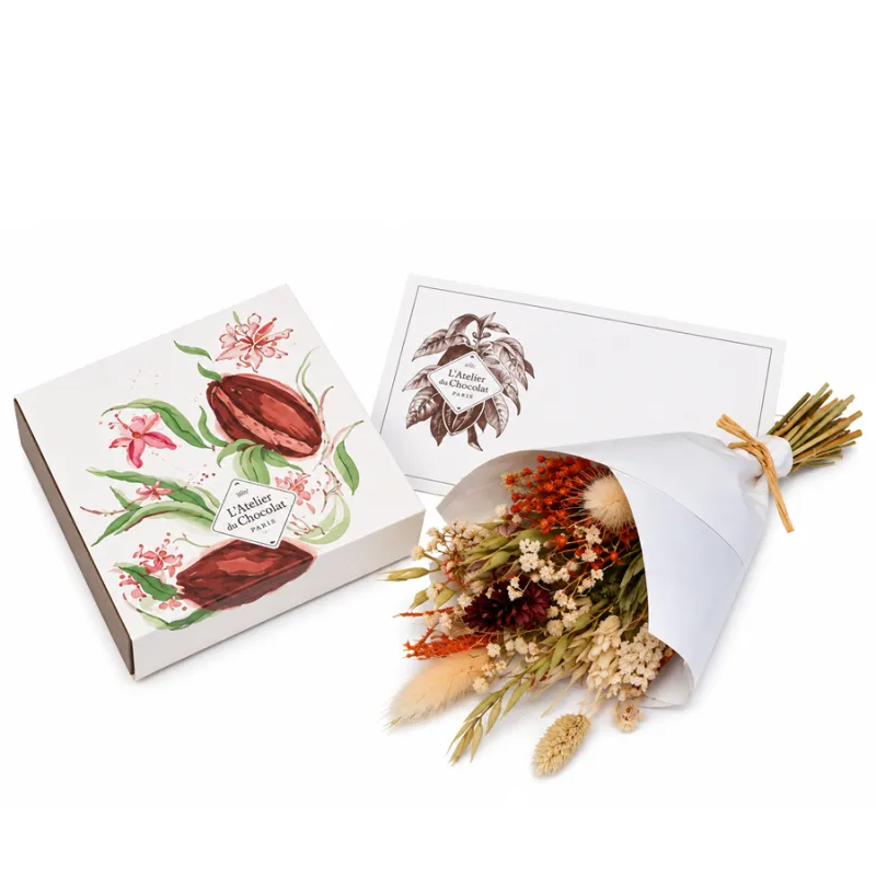 Coffret cadeau gourmand composé de 12 chocolats artisanaux assortis et d’un bouquet de fleurs séchées