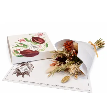 Cadeau gourmand personnalisable avec une carte et un message offert par L’Atelier du Chocolat